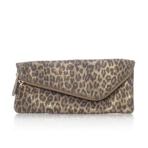 Henri Bendel Metallic Leather Leopard Soft Clutch Brown Gold